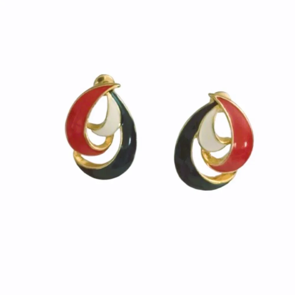 Nautical Enamel Stud Earrings Red White & Blue Gold Tone Swirl Post Jewelry